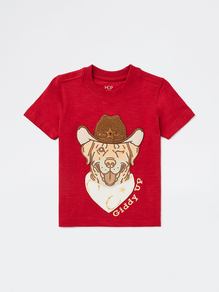 HOP Kids Boys Red Printed Cotton T-Shirt