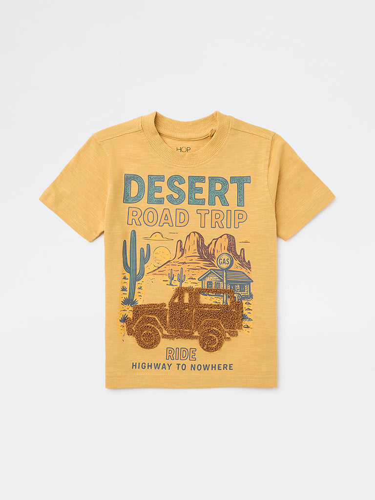 HOP Kids Boys Mustard Printed Cotton T-Shirt