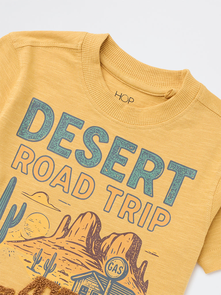 HOP Kids Boys Mustard Printed Cotton T-Shirt