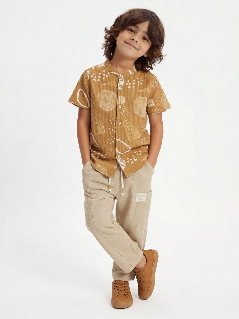 HOP Kids Boys Mustard Printed Cotton Shirt