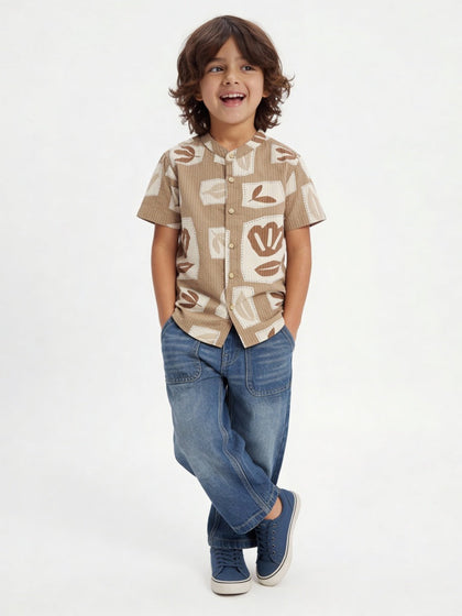 HOP Kids Boys Taupe Printed Cotton Shirt
