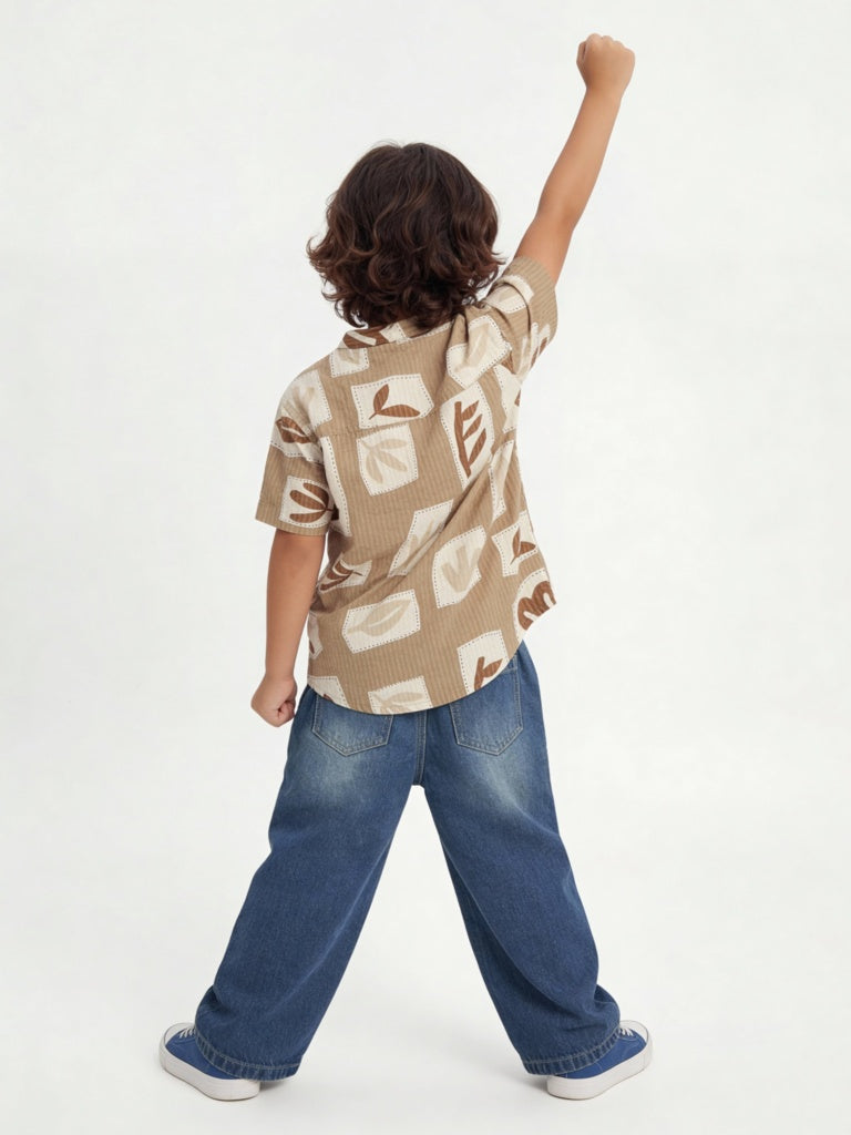 HOP Kids Boys Taupe Printed Cotton Shirt