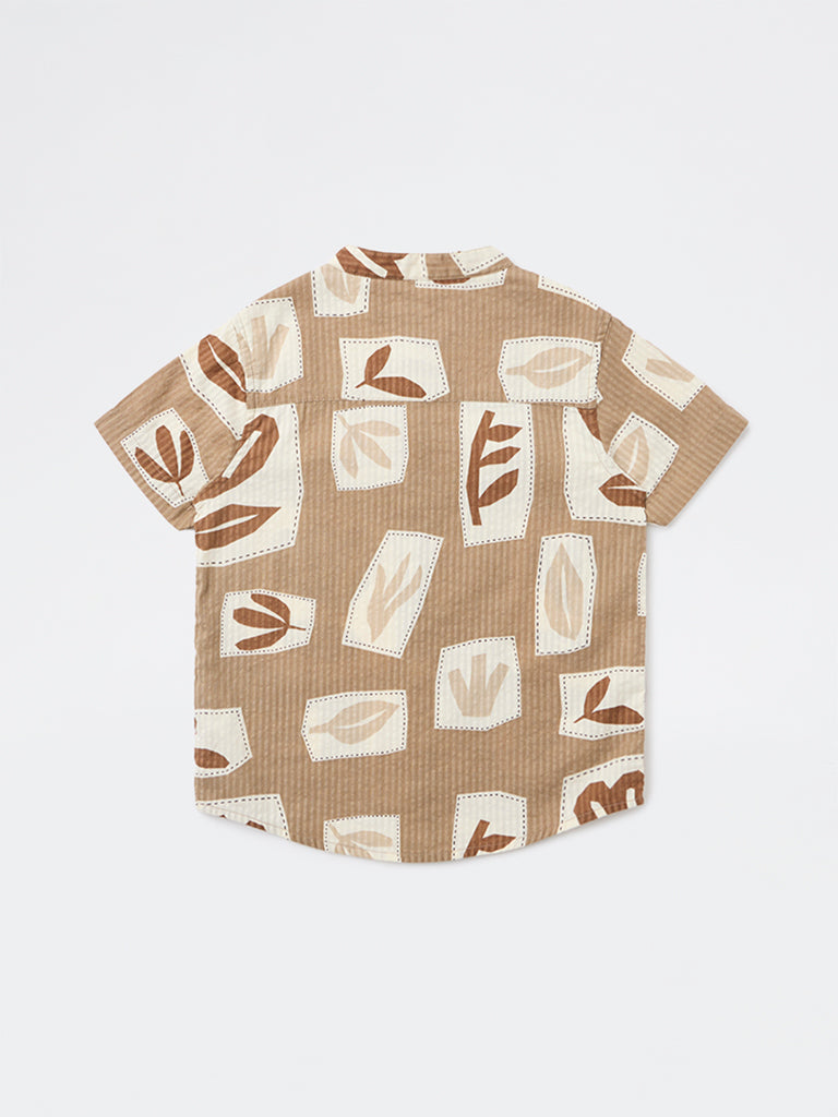 HOP Kids Boys Taupe Printed Cotton Shirt