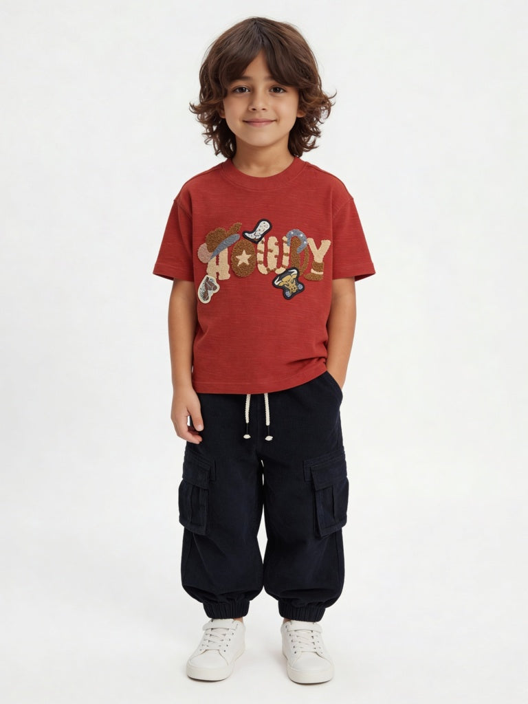 HOP Kids Boys Rust Embroidered Cotton T-Shirt