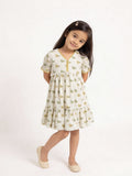 Utsa Kids Girls Off-White Bird Pattern Cotton Tiered Dress - (2-8 yrs)