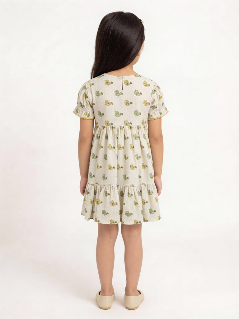 Utsa Kids Girls Off-White Bird Pattern Cotton Tiered Dress - (2-8 yrs)