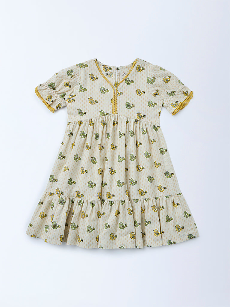 Utsa Kids Girls Off-White Bird Pattern Cotton Tiered Dress - (2-8 yrs)