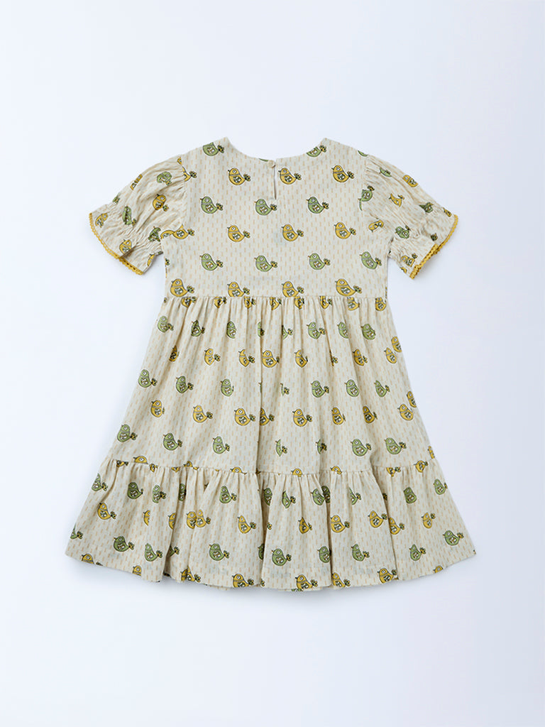 Utsa Kids Girls Off-White Bird Pattern Cotton Tiered Dress - (2-8 yrs)