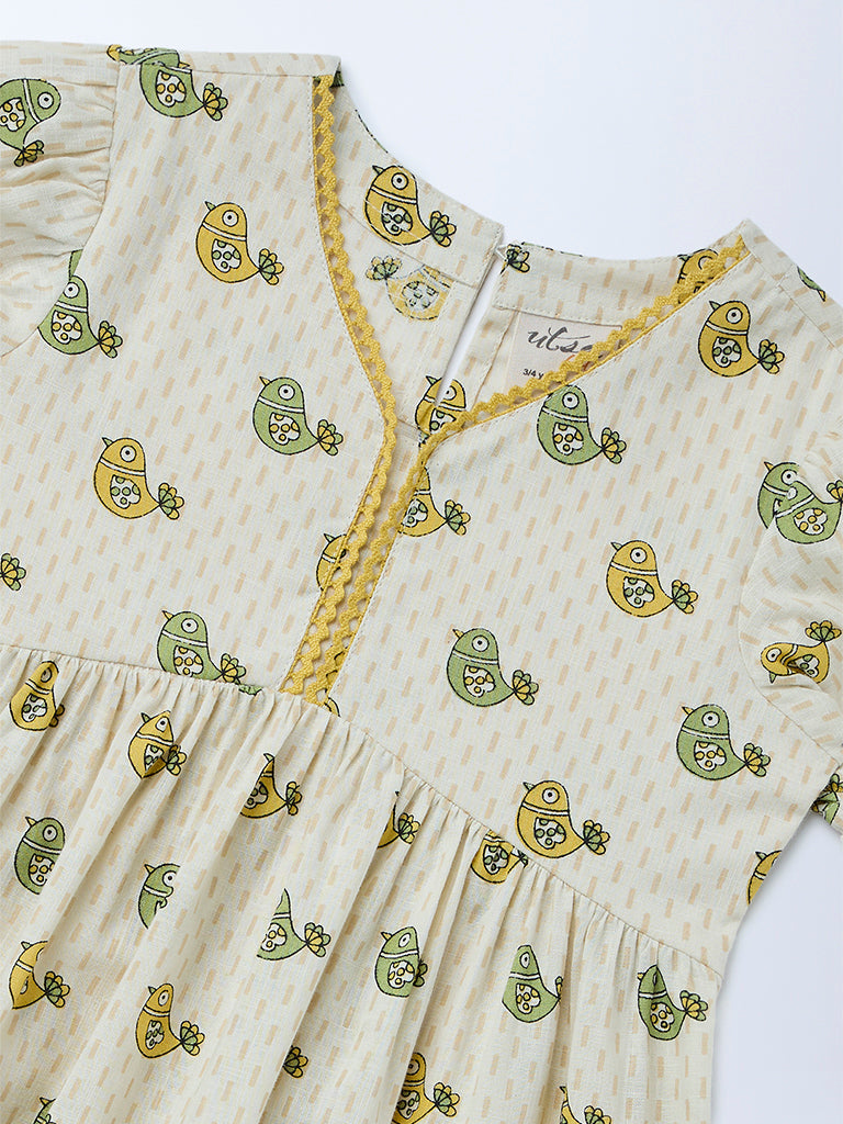 Utsa Kids Girls Off-White Bird Pattern Cotton Tiered Dress - (2-8 yrs)