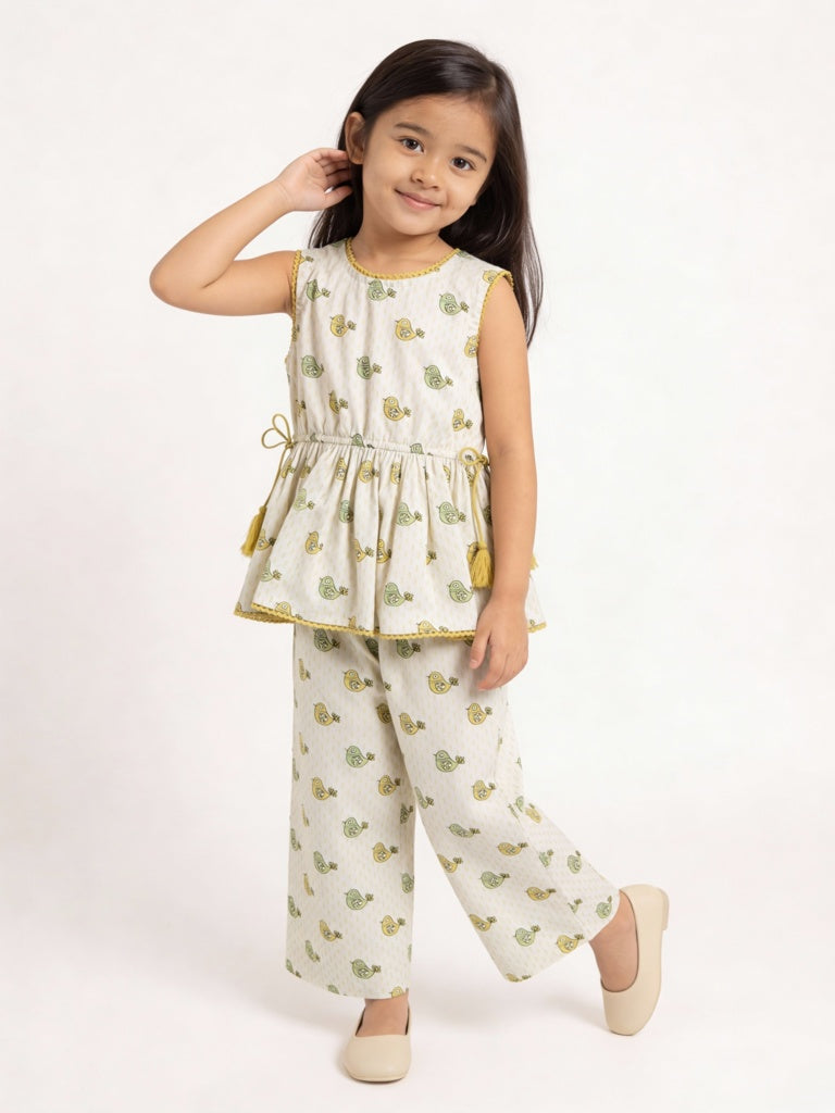 Utsa Kids Girls Off-White Bird Pattern Cotton Peplum Top - (2-8 yrs)