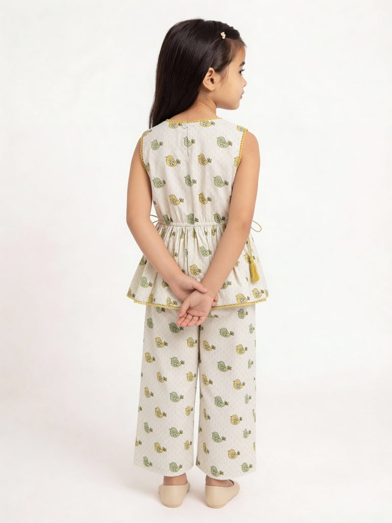 Utsa Kids Girls Off-White Bird Pattern Cotton Peplum Top - (2-8 yrs)