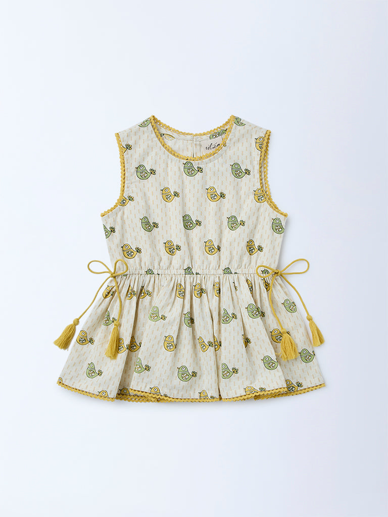 Utsa Kids Girls Off-White Bird Pattern Cotton Peplum Top - (2-8 yrs)