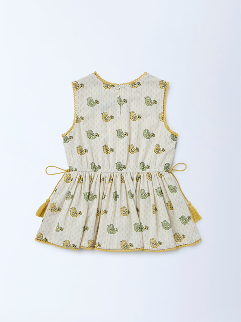 Utsa Kids Girls Off-White Bird Pattern Cotton Peplum Top - (2-8 yrs)