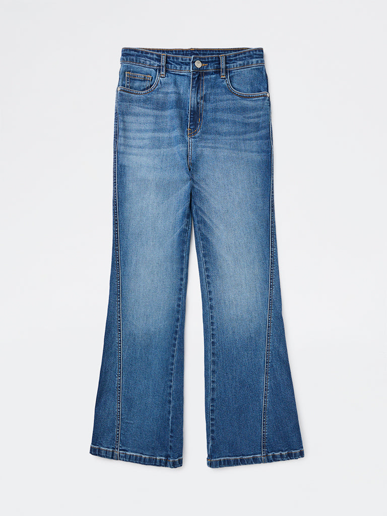 Girls Blue High-Rise Cotton-Blend Flared Jeans