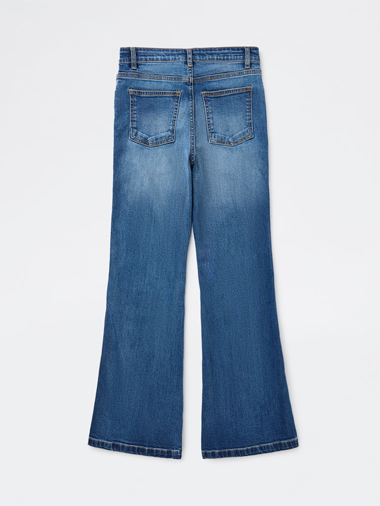 Girls Blue High-Rise Cotton-Blend Flared Jeans