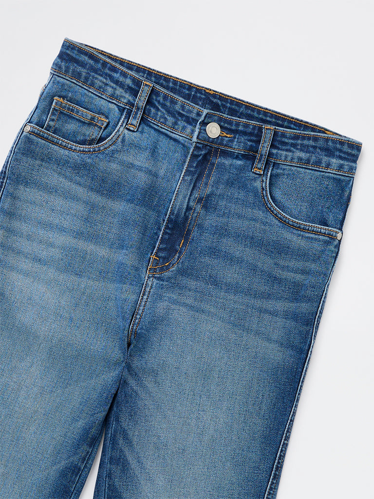 Girls Blue High-Rise Cotton-Blend Flared Jeans