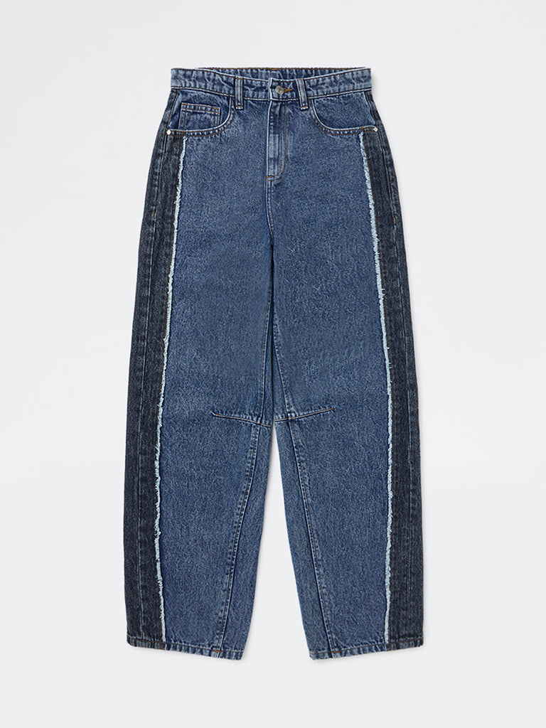 Girls Dark Blue Faded Relaxed-Fit High-Rise Denim Jeans