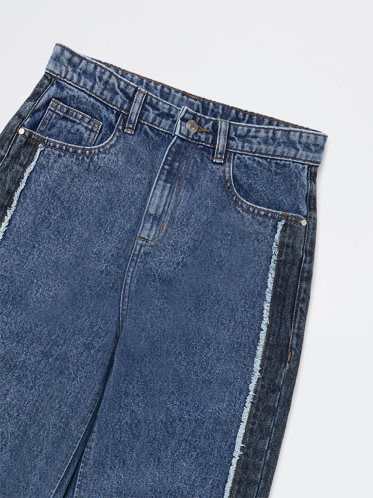 Girls Dark Blue Faded Relaxed-Fit High-Rise Denim Jeans