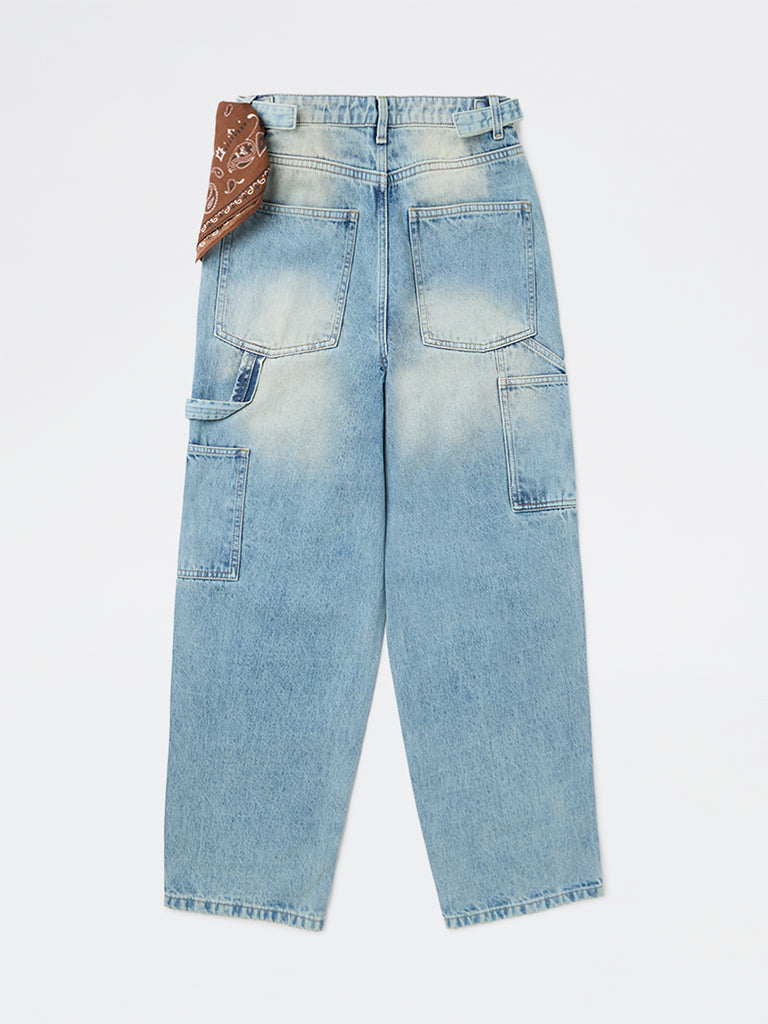 Girls Light Blue Washed Relaxed-Fit High-Rise Jeans