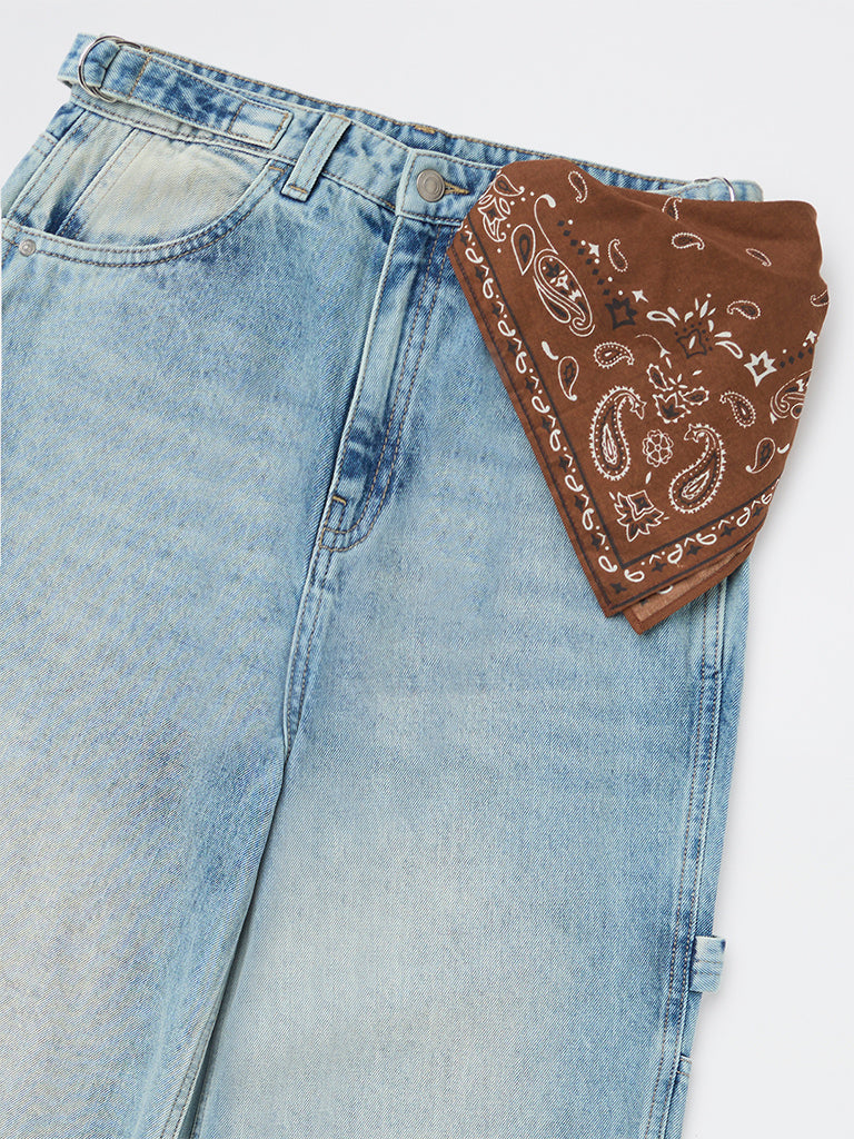 Girls Light Blue Washed Relaxed-Fit High-Rise Jeans