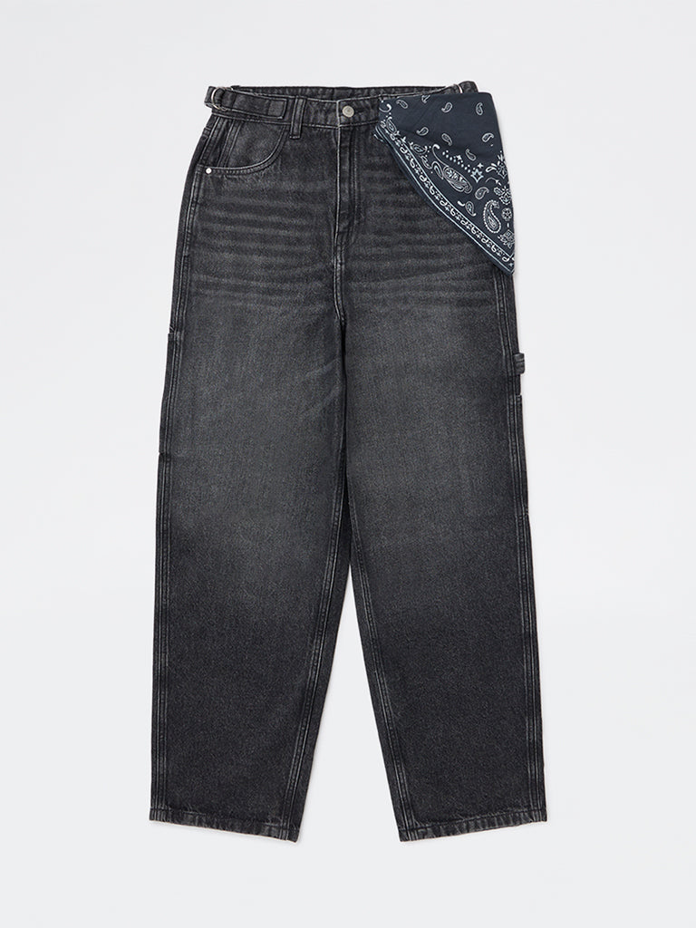 Girls Charcoal Washed High-Rise Flared Jeans