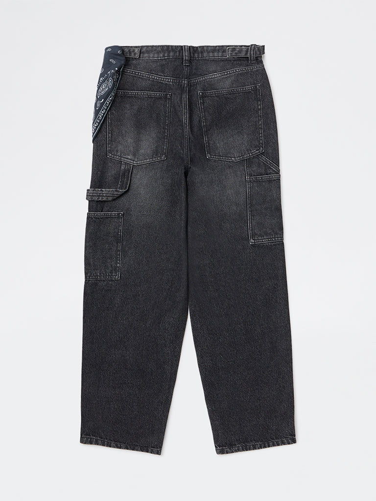 Girls Charcoal Washed High-Rise Flared Jeans