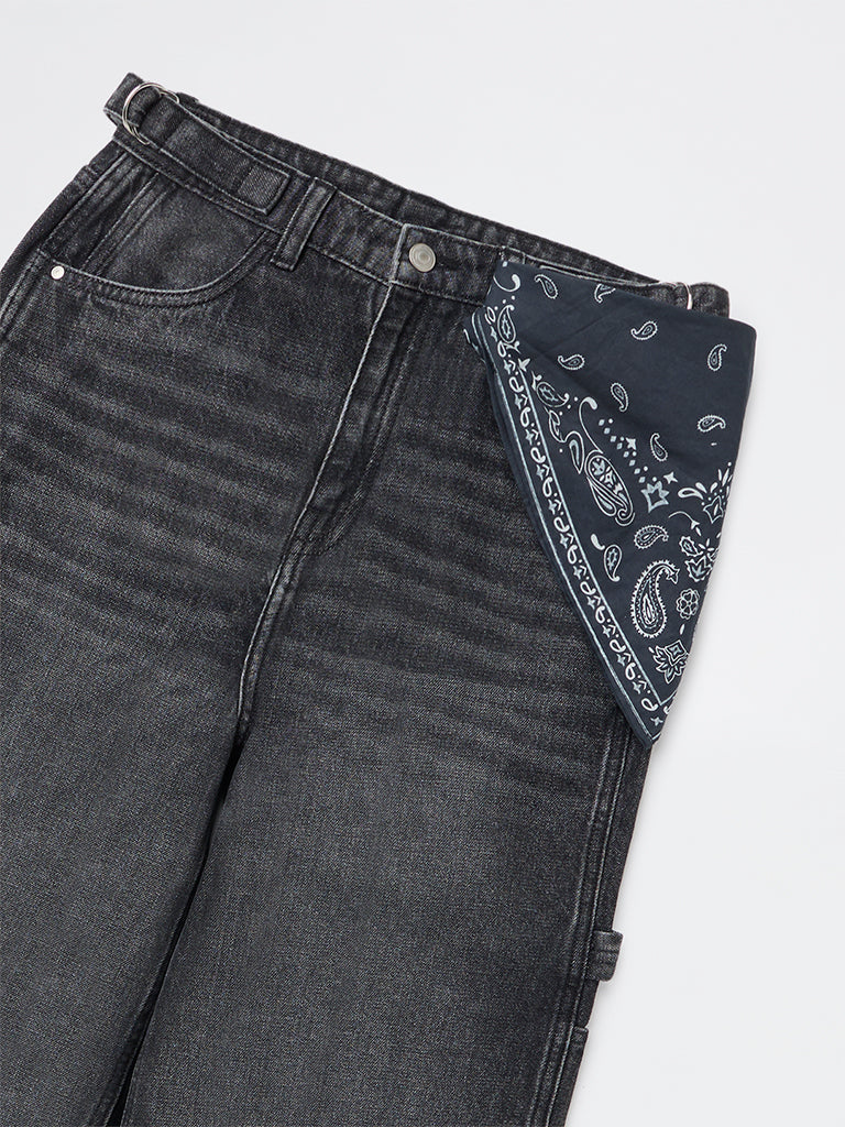 Girls Charcoal Washed High-Rise Flared Jeans