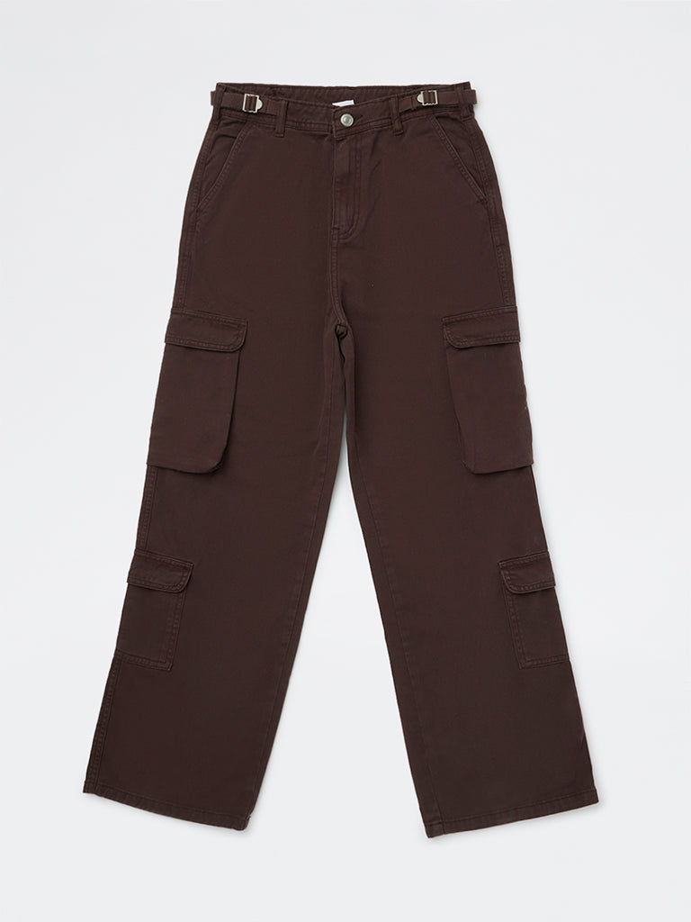 Girls Dark Brown Mid-Rise Cotton Cargo Trousers