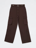 Girls Dark Brown Mid-Rise Cotton Cargo Trousers