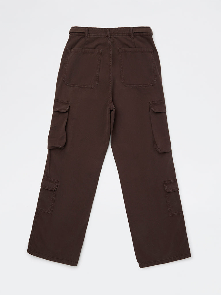 Girls Dark Brown Mid-Rise Cotton Cargo Trousers