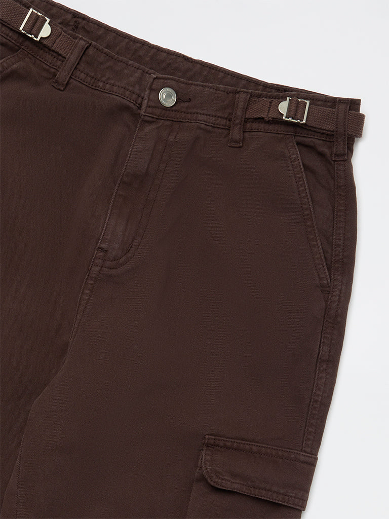 Girls Dark Brown Mid-Rise Cotton Cargo Trousers