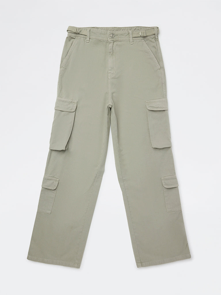 Girls Grey Cargo-Style Mid-Rise Cotton Trousers