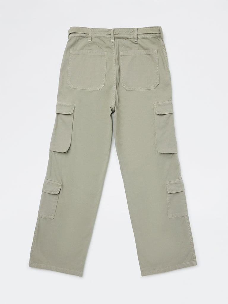 Girls Grey Cargo-Style Mid-Rise Cotton Trousers