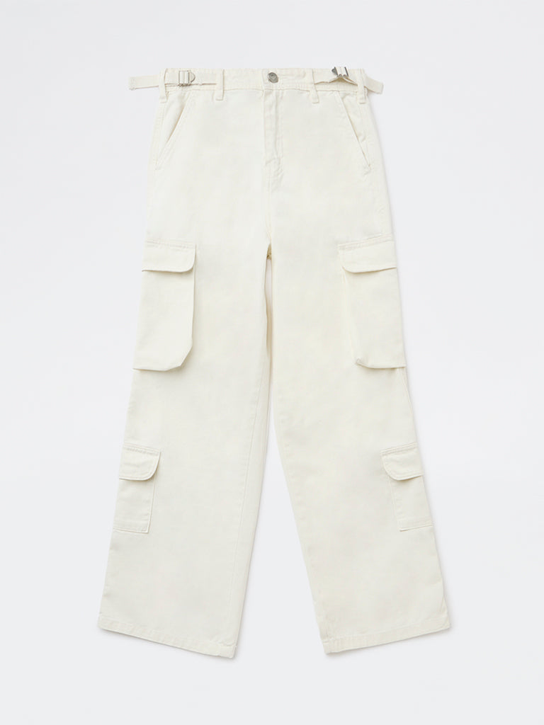 Girls Off-White High-Rise Cotton Trousers