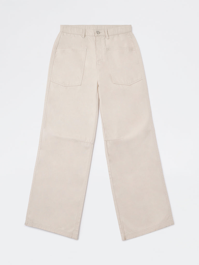 Girls Beige Solid High-Rise Trousers