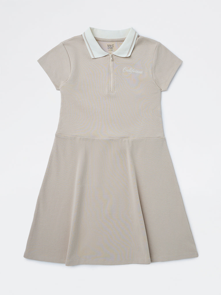 Girls Beige Text Design Cotton-Blend Tennis Dress
