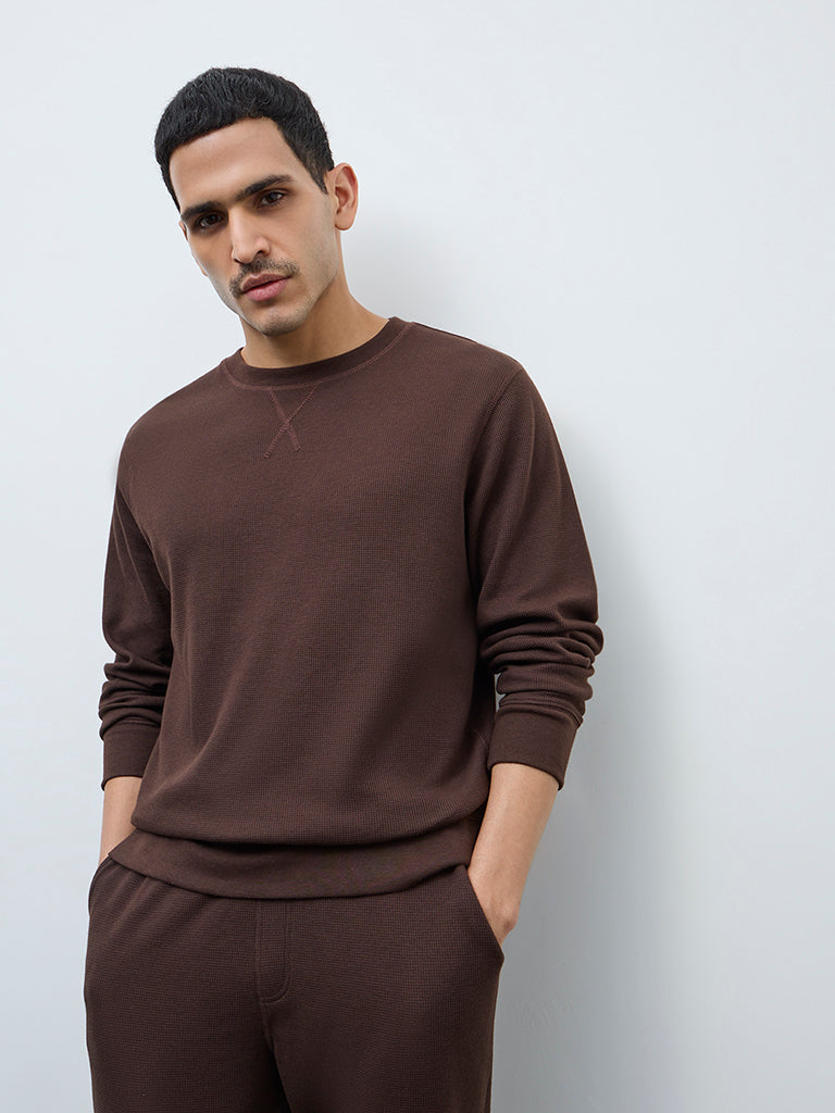 WES Lounge Brown Waffle-Textured Regular-Fit Cotton T-Shirt