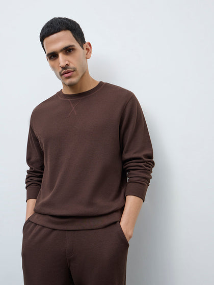 WES Lounge Brown Waffle-Textured Regular-Fit Cotton T-Shirt