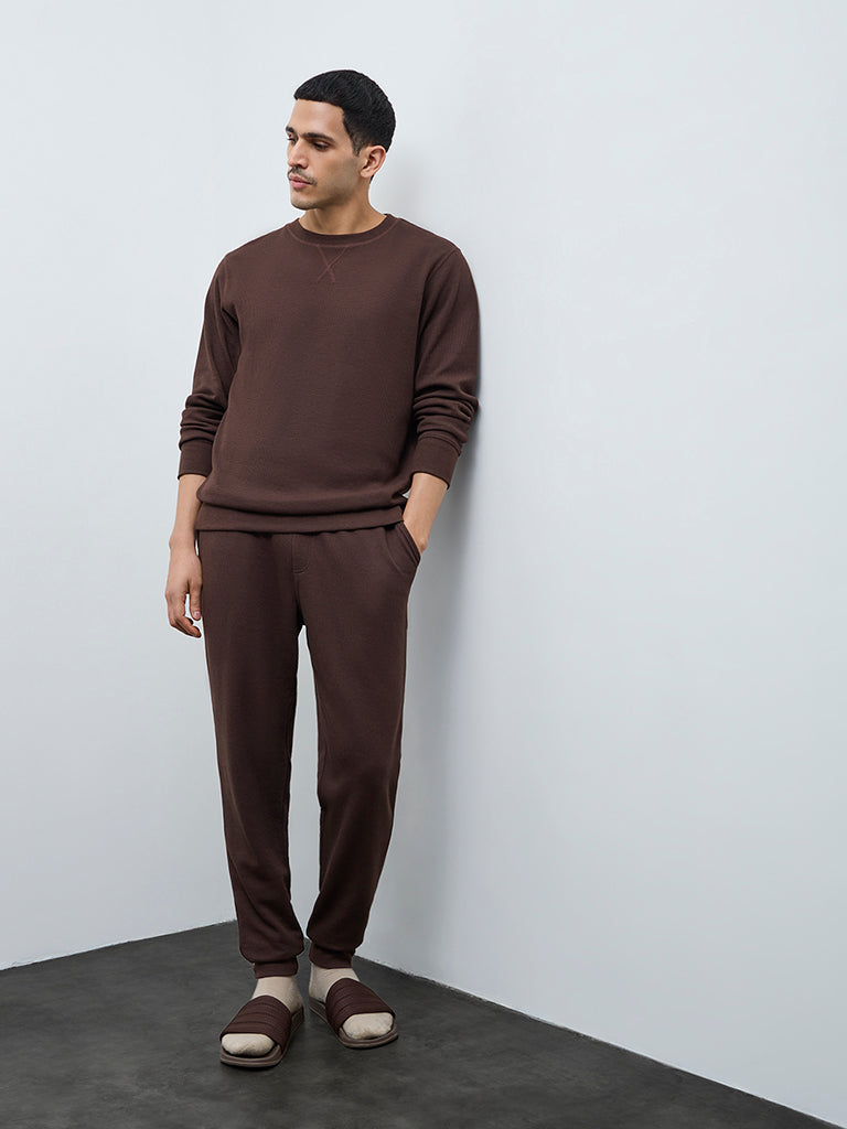 WES Lounge Brown Waffle-Textured Regular-Fit Cotton T-Shirt