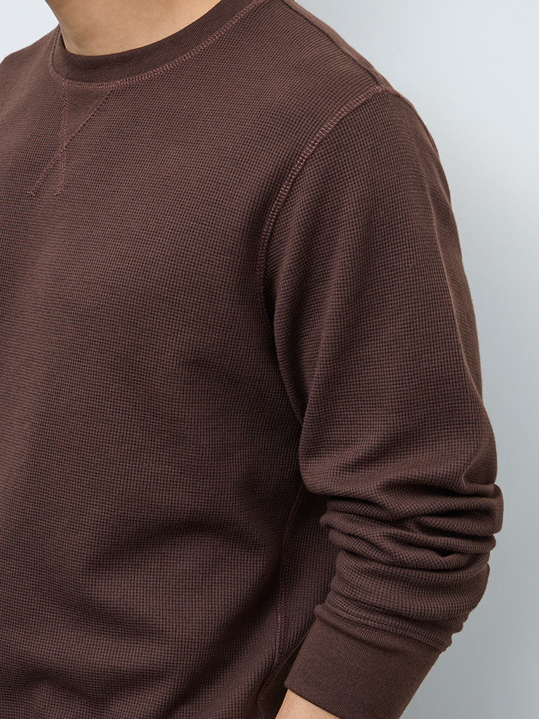 WES Lounge Brown Waffle-Textured Regular-Fit Cotton T-Shirt