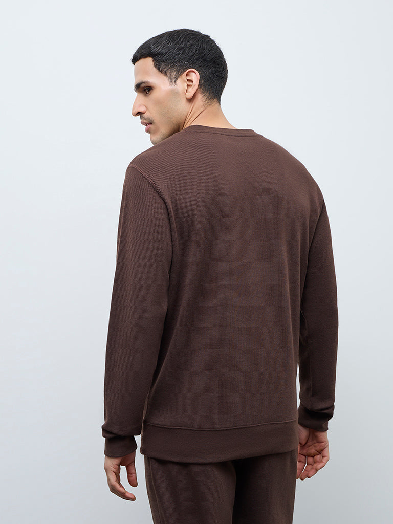 WES Lounge Brown Waffle-Textured Regular-Fit Cotton T-Shirt