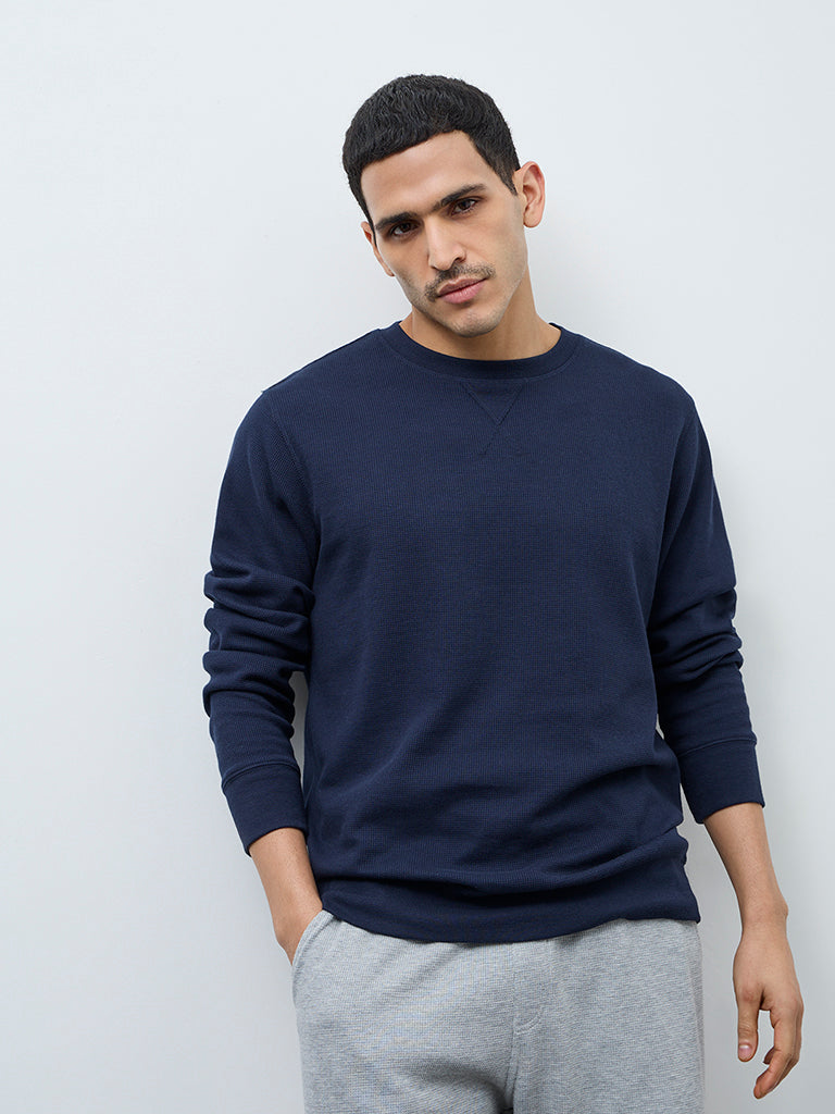 WES Lounge Navy Waffle-Textured Regular-Fit Cotton T-Shirt