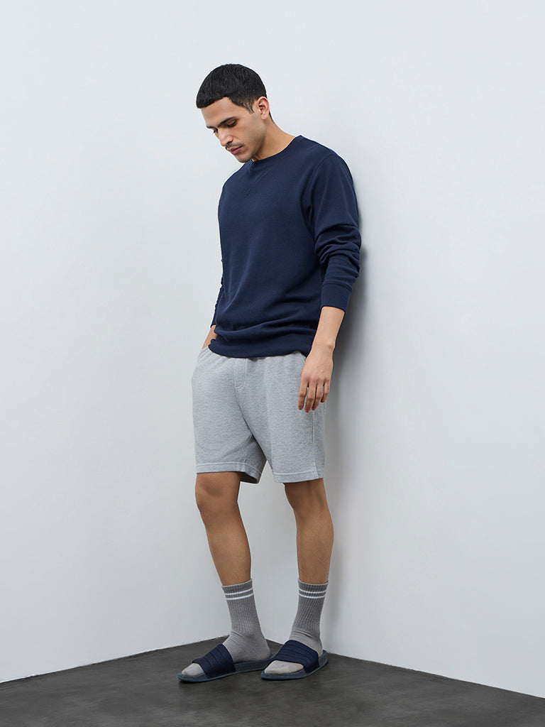 WES Lounge Navy Waffle-Textured Regular-Fit Cotton T-Shirt