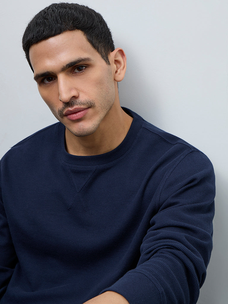 WES Lounge Navy Waffle-Textured Regular-Fit Cotton T-Shirt
