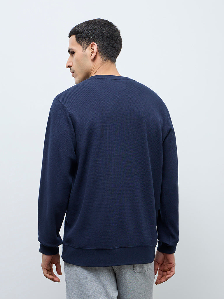 WES Lounge Navy Waffle-Textured Regular-Fit Cotton T-Shirt