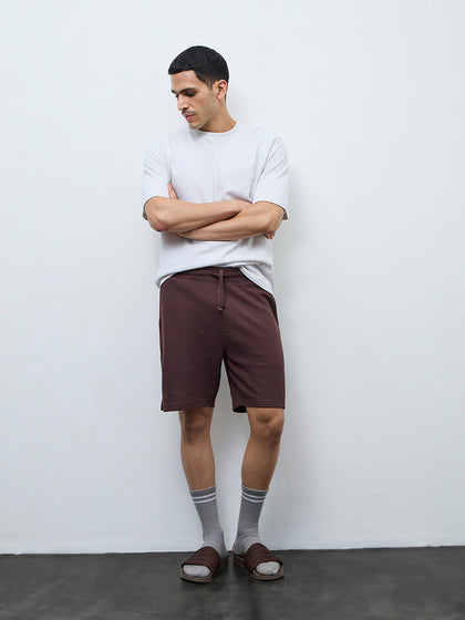 WES Lounge Brown Waffle-Textured Regular-Fit Mid-Rise Cotton-Blend Shorts