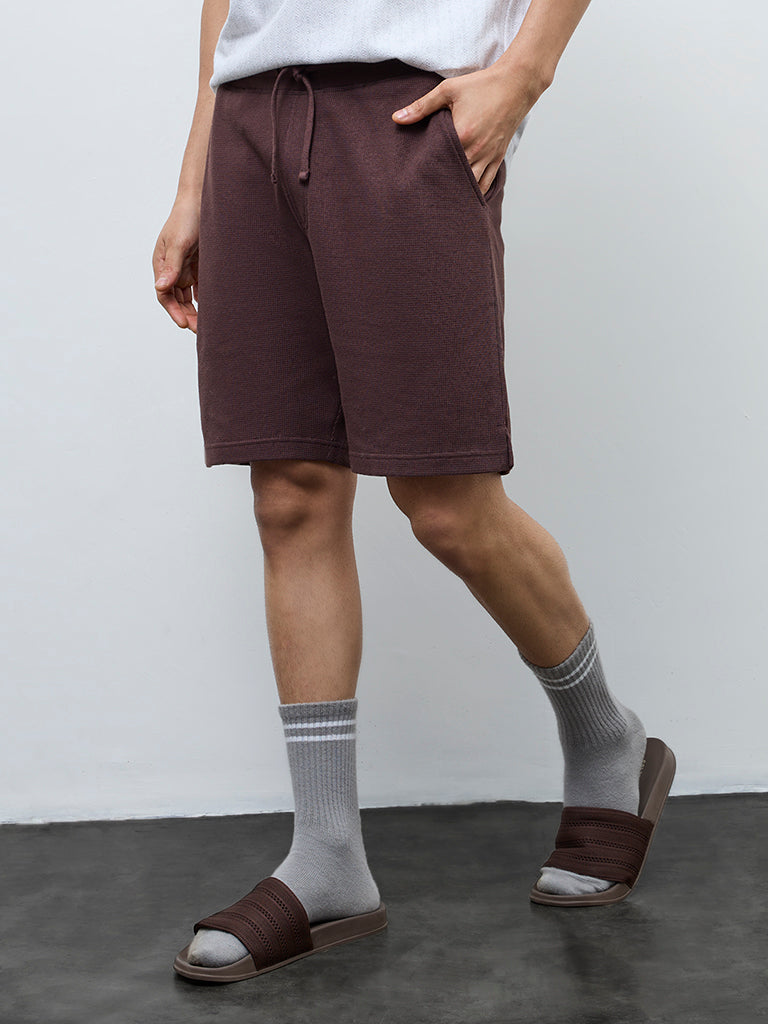 WES Lounge Brown Waffle-Textured Regular-Fit Mid-Rise Cotton-Blend Shorts
