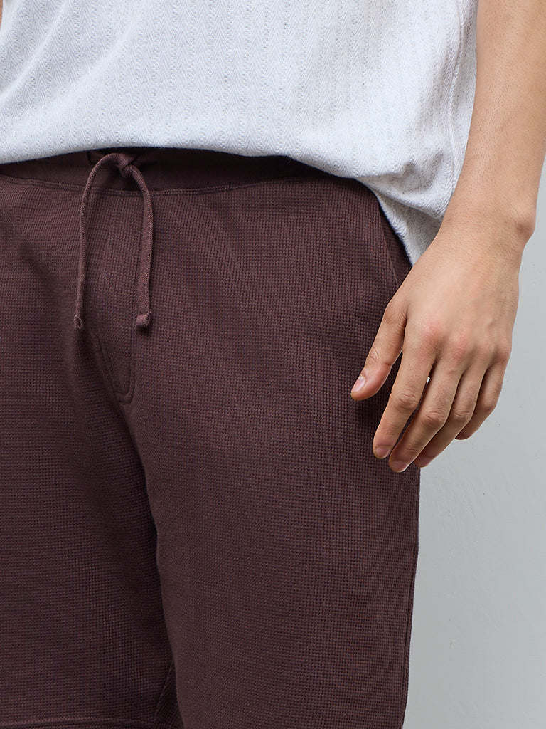 WES Lounge Brown Waffle-Textured Regular-Fit Mid-Rise Cotton-Blend Shorts