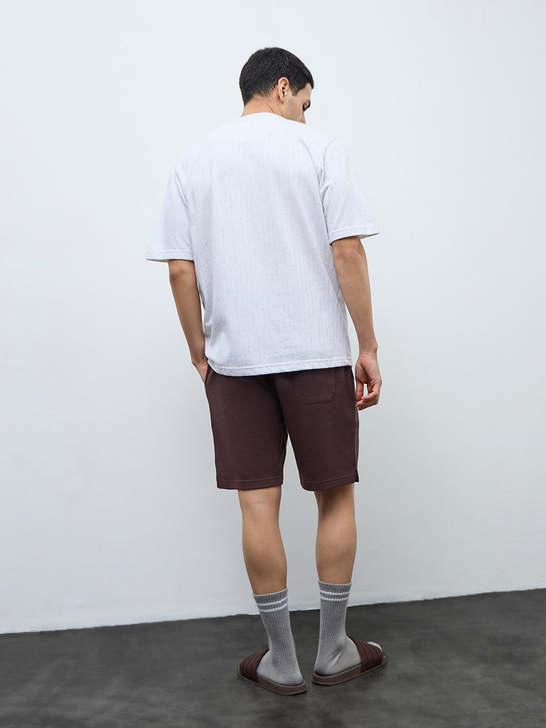 WES Lounge Brown Waffle-Textured Regular-Fit Mid-Rise Cotton-Blend Shorts