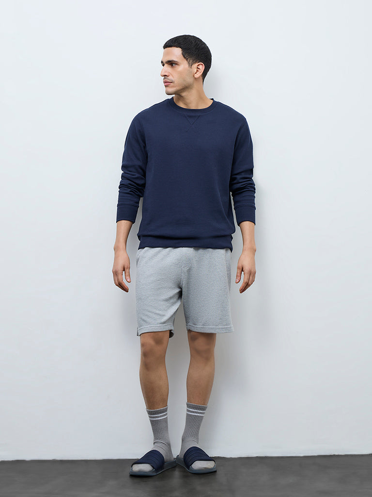 WES Lounge Grey Waffle-Textured Regular-Fit Mid-Rise Cotton-Blend Shorts